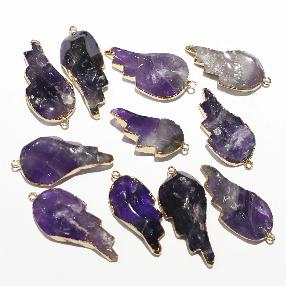 Natural Amethyst Stone Leaf Gold Plated Necklaces Pendants Reiki Charms Making Jewelry Accessories Wholesale 6Pcs Free Shipping