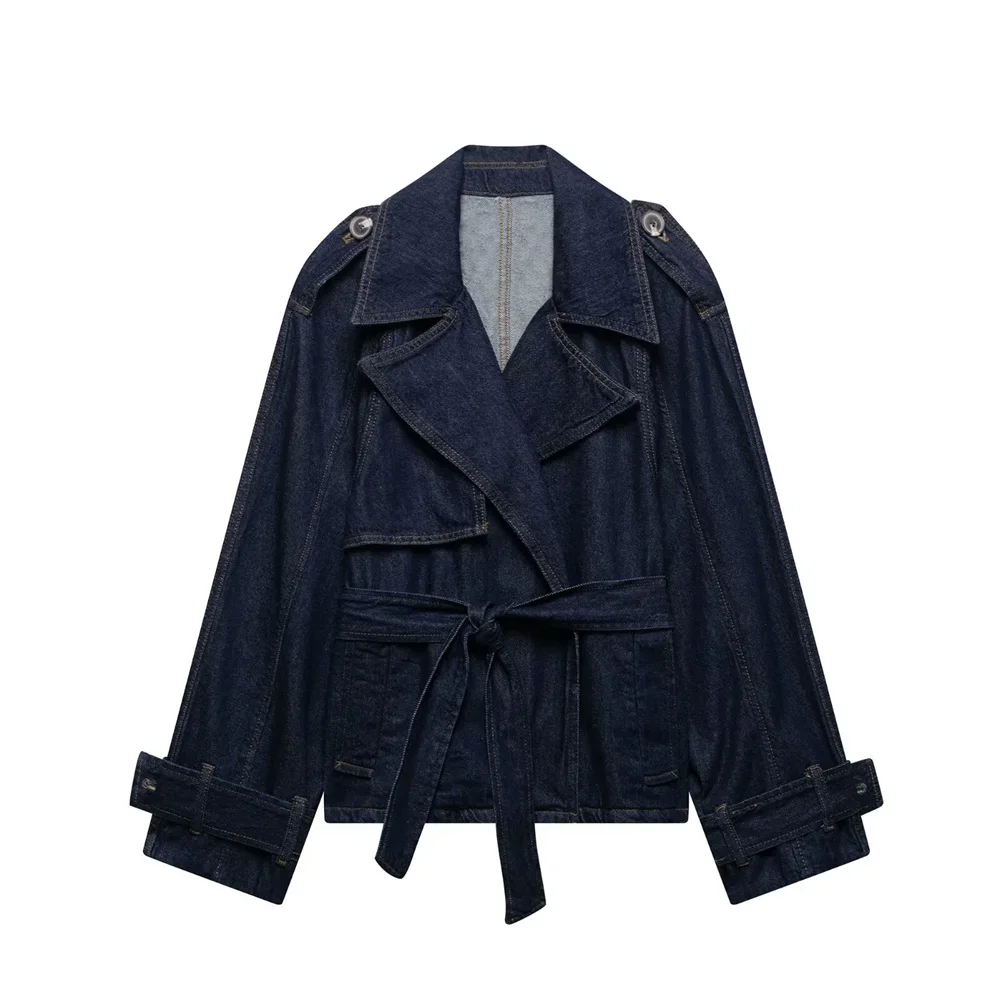 

women's spring and summer new product casual loose waistband decoration short and wide design denim trench coat