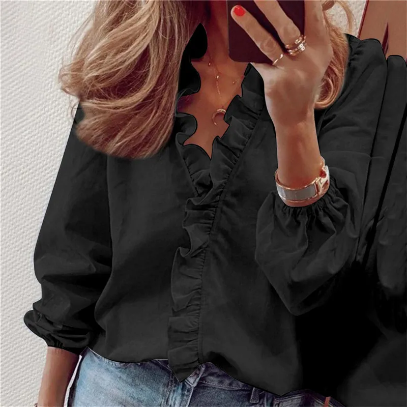 Long Sleeve Women White Solid Casual Shirts Ruffles V-Neck Ledies Blouses 3XL Plus Size High Street Trend Shirt Tops Pullovers