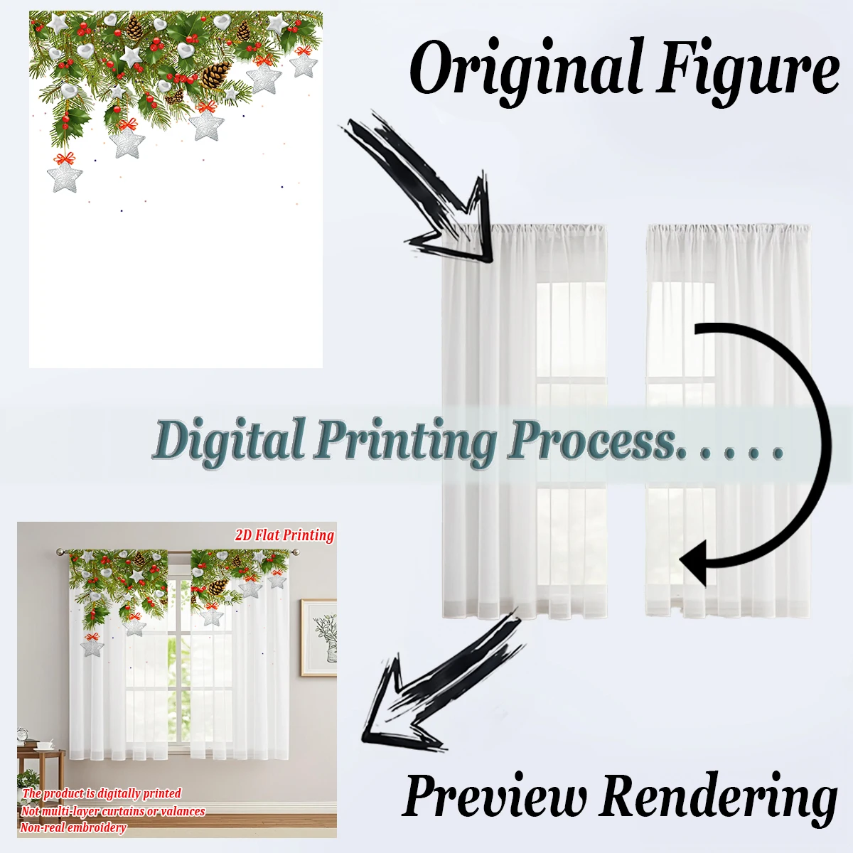 Christmas Flat Printing Kitchen Sheer Curtain with Christmas  Star Ornament Pinecone Pine Branch For Christmas Home Decor  Party