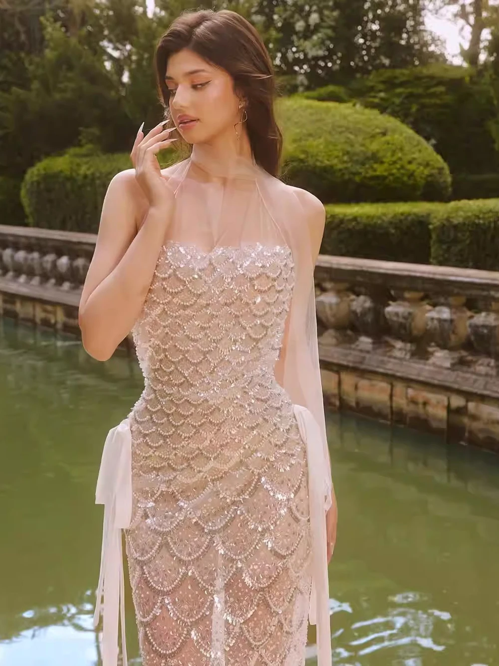 Modphy 2026 New Sexy Luxury Sparkly Silver Sequin See Through Mesh Long Dress Women Evening Birthday Party Bar Stage Show Costum