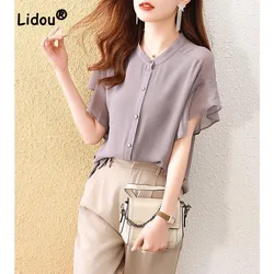 Elegante Cor Sólida Solta Single-breasted Blusa Mulheres Clássico Manga Curta Verão O-colarinho Escritório All-match Lady Chiffon Shirt