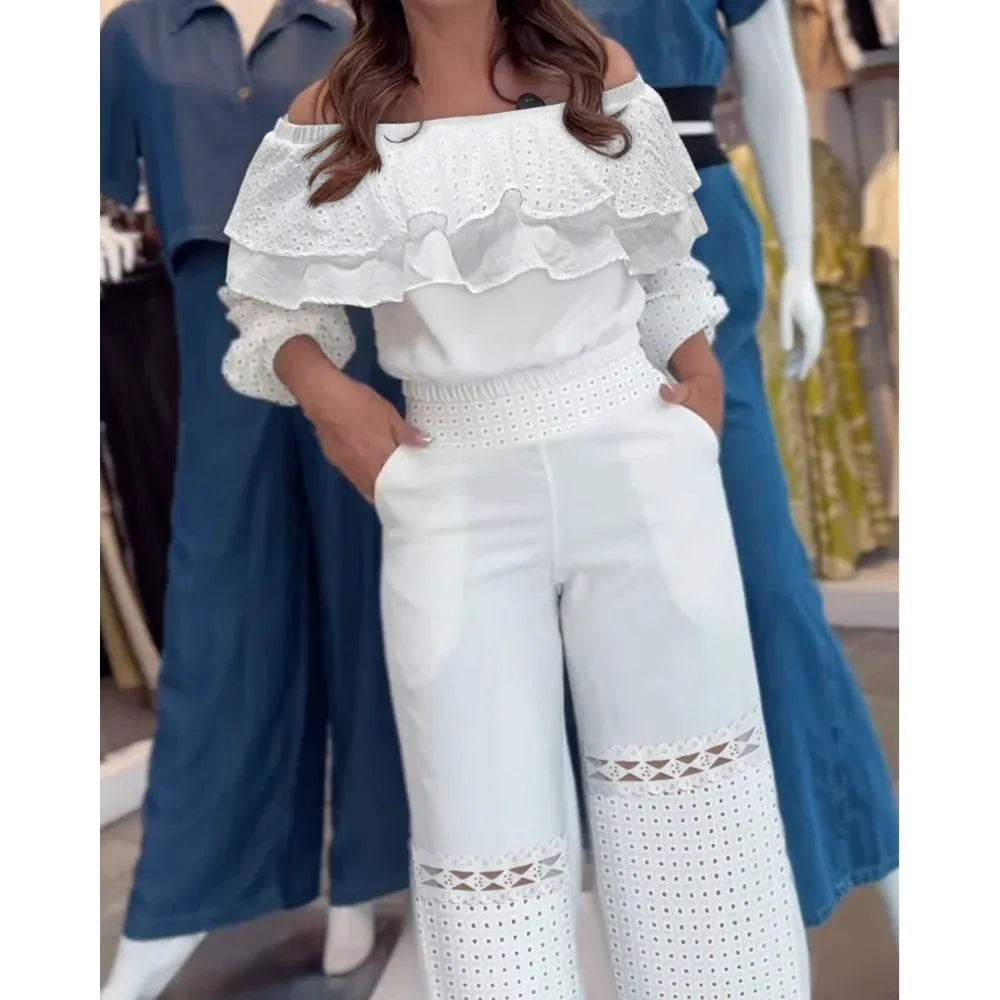 

2 Pices Set Outfits Women Off Shoulder Long Sleeve Top and Wide Leg Pants Set Elegant Two Pieces Sets y2k Outfits