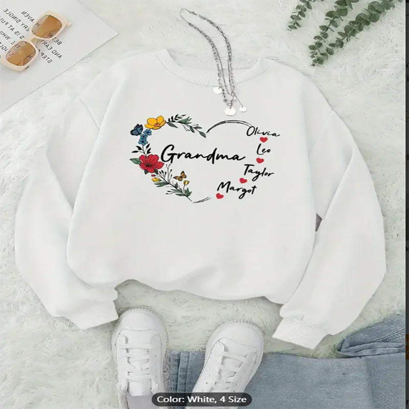 

Женская толстовка с цветочным сердечком бабушки, семейное имя, графический принт, повседневный пуловер большого размера, топ для любителей семейного стиля
