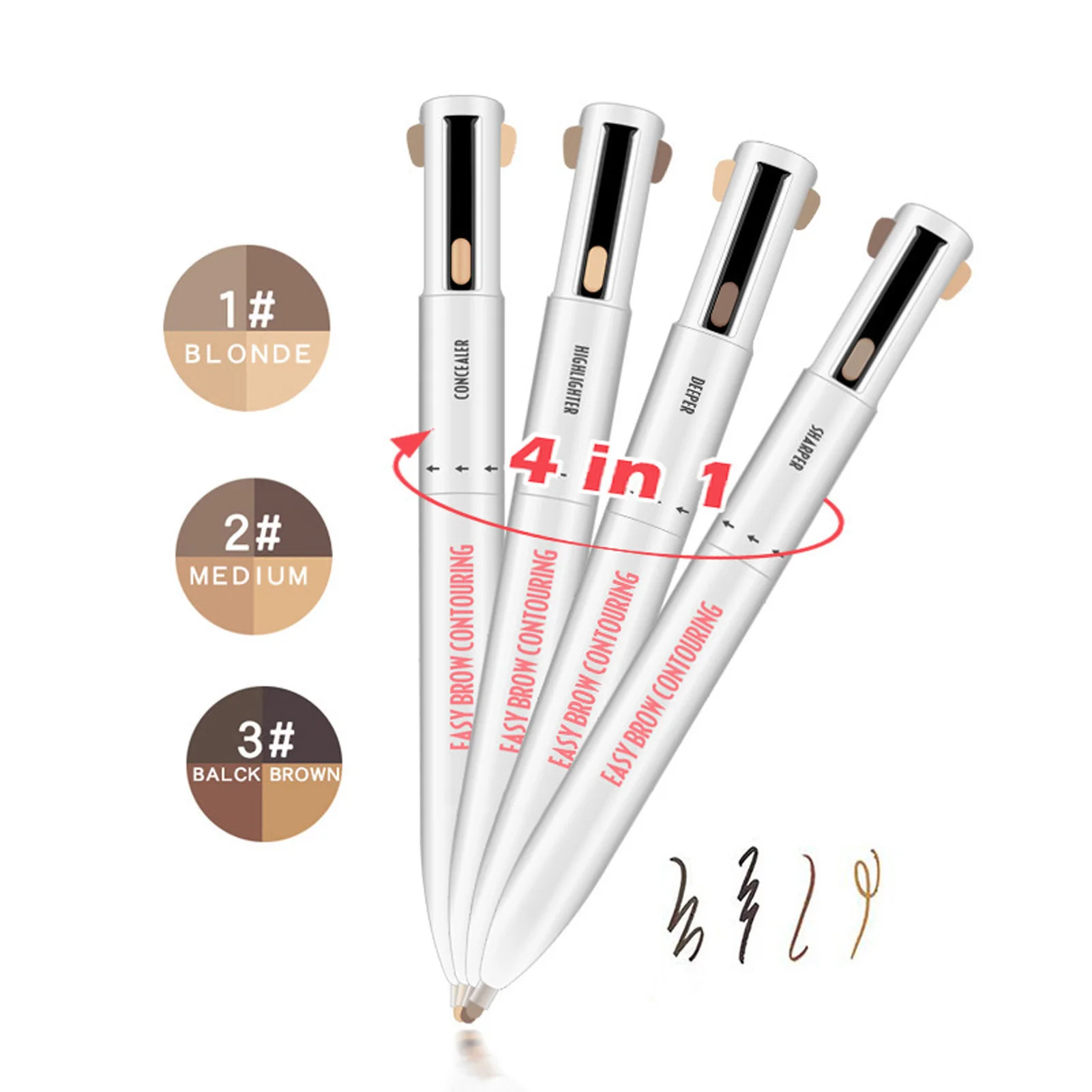 Caneta de destaque para contorno de sobrancelha 4 em 1, à prova d'água, longa duração, maquiagem para os olhos, ferramenta de beleza, lápis de definição de sobrancelha