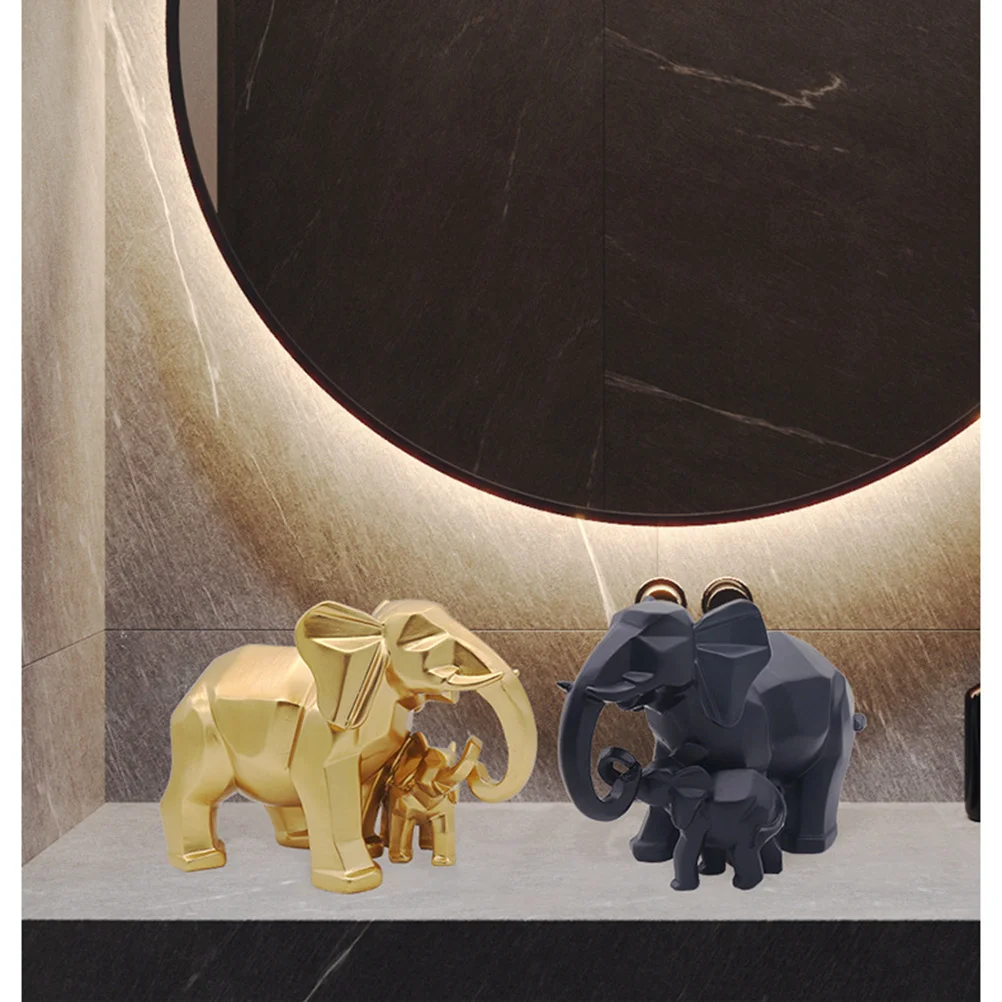 Golden Resin Elephant Family Sculpture Geometric Animal Design Fine Detail Home Office Garden Decoration Ornament Gift
