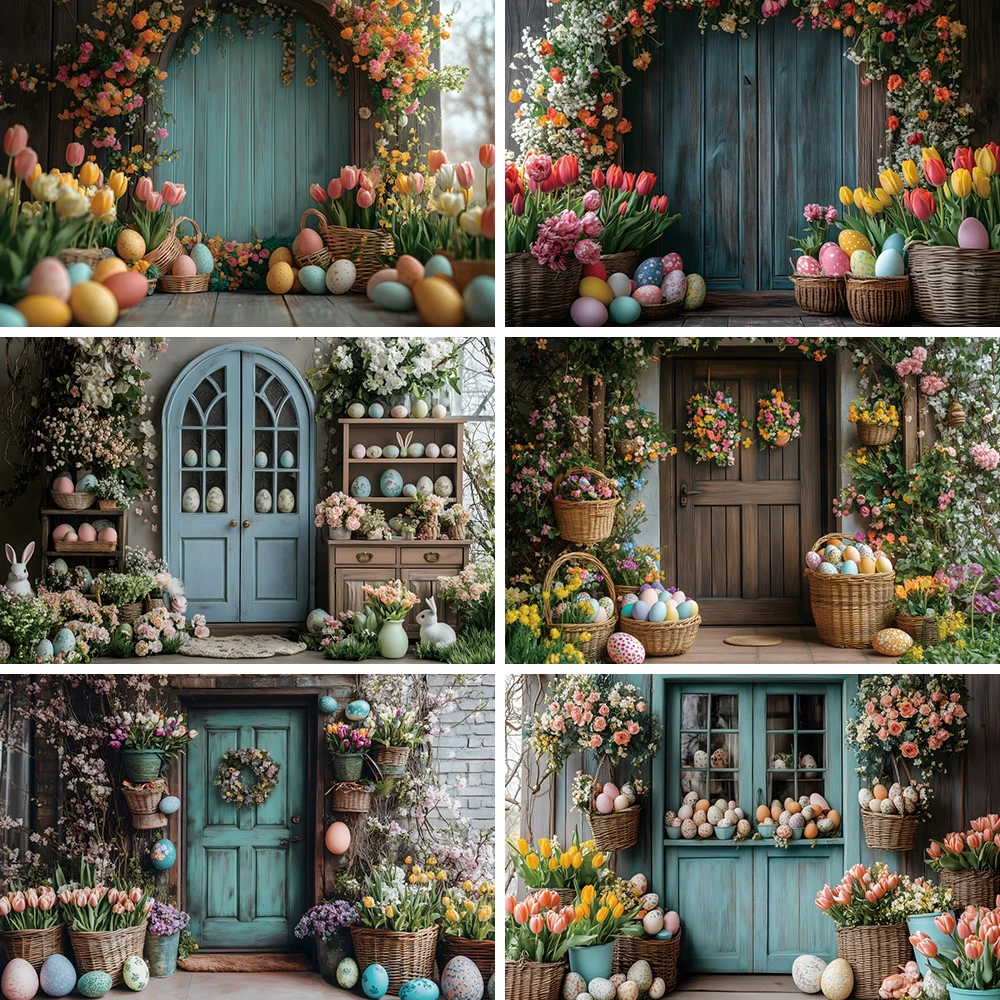 Happy Easter Flower Shop Background Meadow Flowers Colorful Eggs Baby Shower Party Backdrop Portrait Photocall Studio Booth Prop