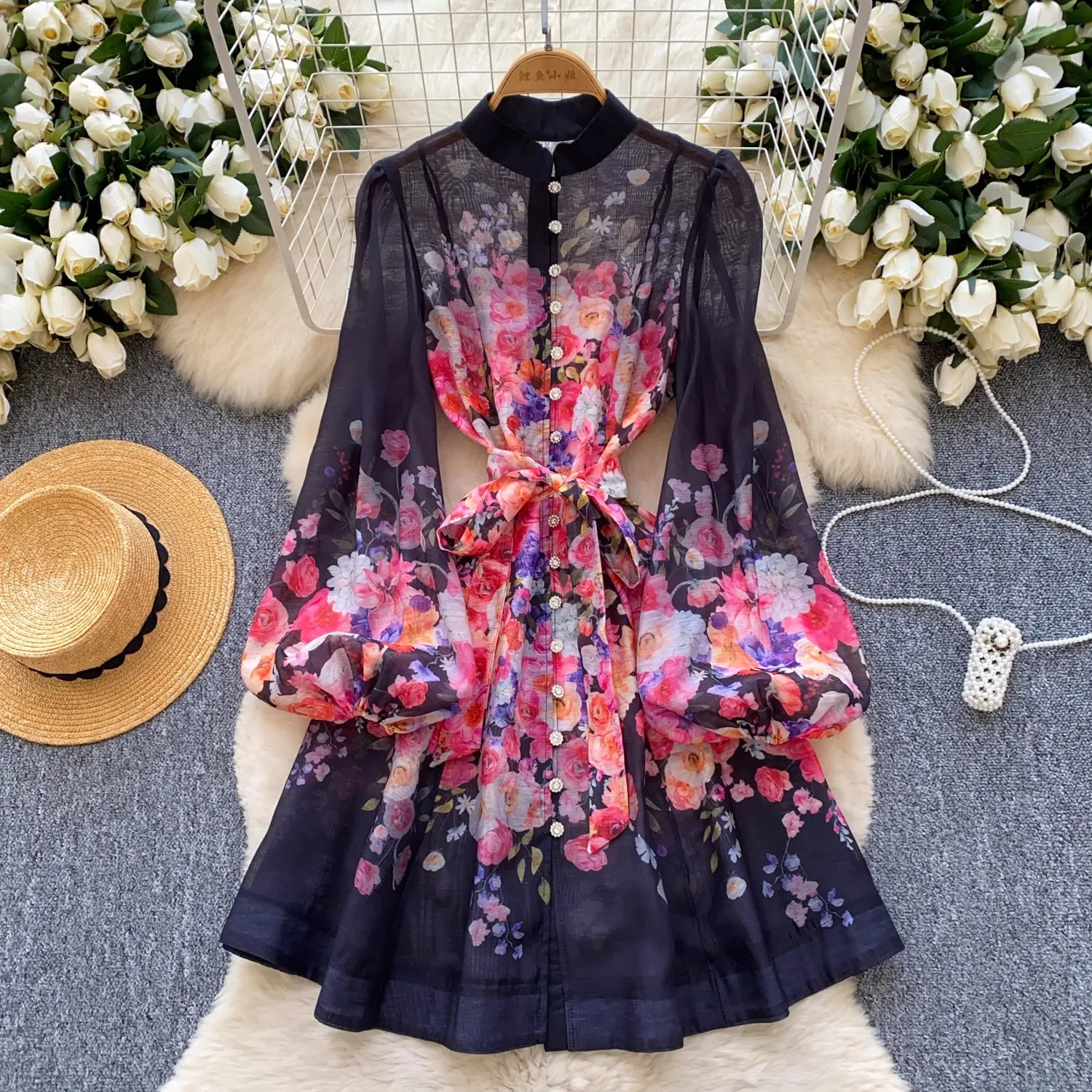 Sommer Urlaub Wunderschöne Blume Strand Kleid Weibliche Lange Laterne Hülse Stehkragen Einreiher Gürtel Spitze Up Party Vestidos