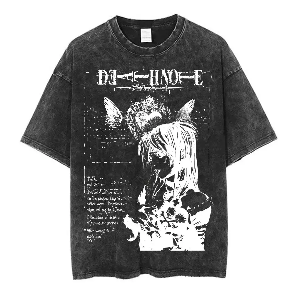 Fashion Hip Hop Short Sleeve T-shirts Vintage Acid Washed Anime Death Note Ryuk Yagami Light T Shirts Men Women Cotton Tee Shirt