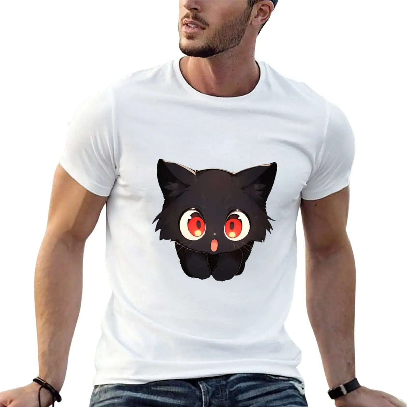 

Cute Kawaii Surprised Kitten Black Cat Smiling T-Shirt anime tshirt t shirts for man cotton t shirt man casual T-shirt