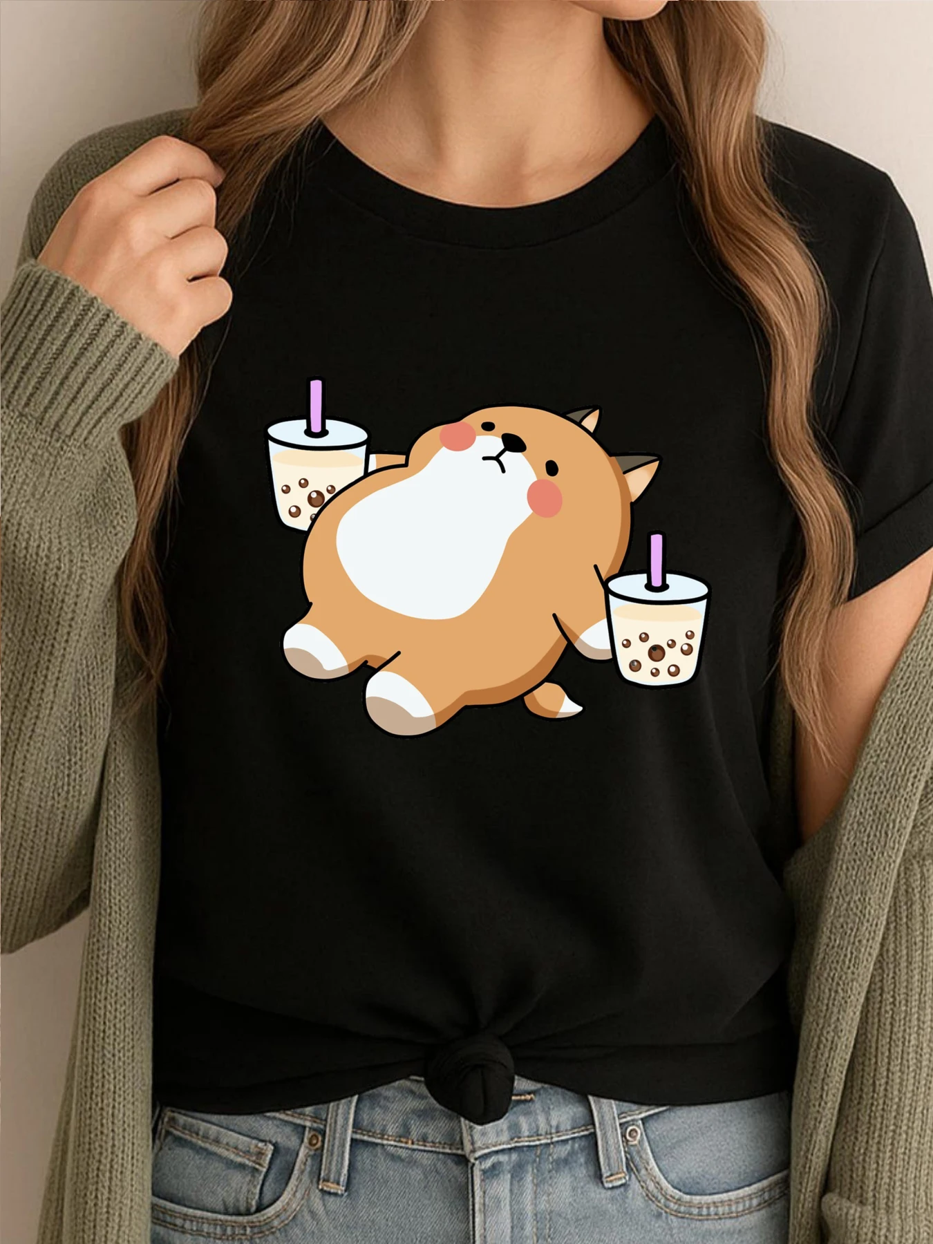 

Lazy Shiba Loves Boba 3d Printed T Shirts Luxury T-Shirt Women High Quality Comfortable Funny Clothes Retro Tshirt