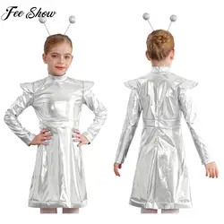 Girls Halloween Alien Cosplay Costume Metallic Shiny Dress Theme Party Carnival Robot Astronaut Space Cadet Role Play Clothes