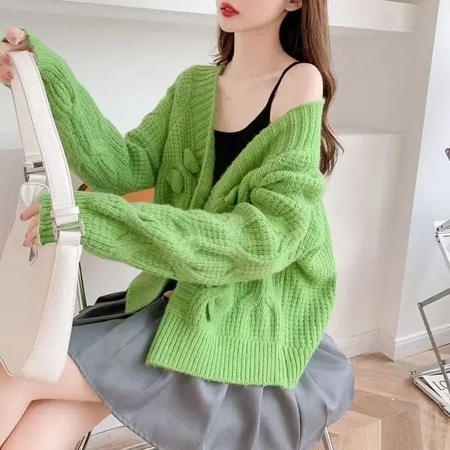 Women\'s Autumn and Winter Outerwear 2024 New Retro Japanese Style Lazy V-neck Bow Loose Knit Cardigan