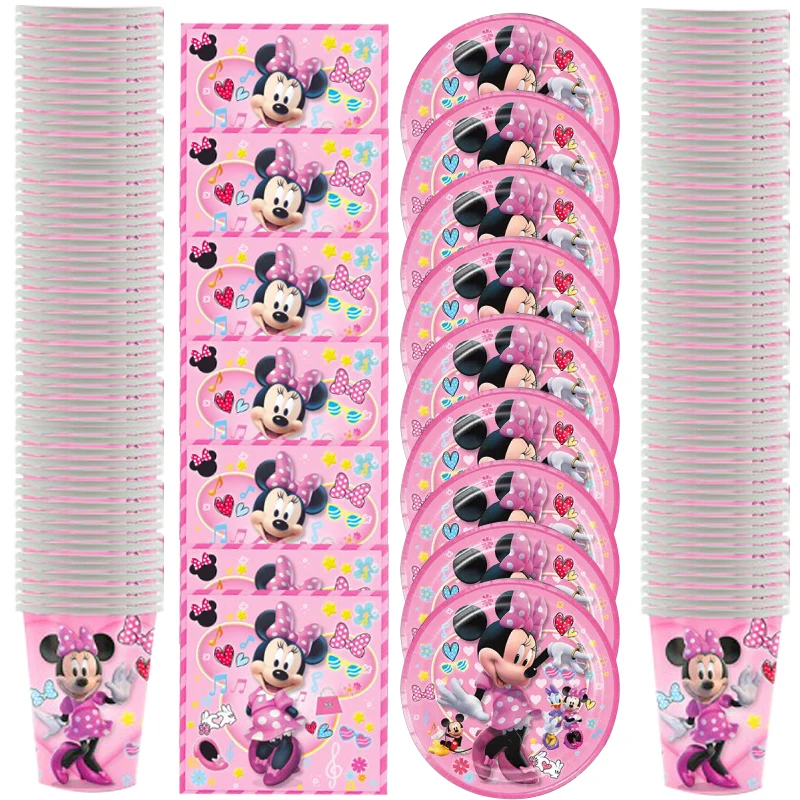 60pcs/lot Girls Favors Disney Minnie Mouse Theme Cups Dishes Birthday Party Baby Shower Plates Decorate Napkins Tableware Set