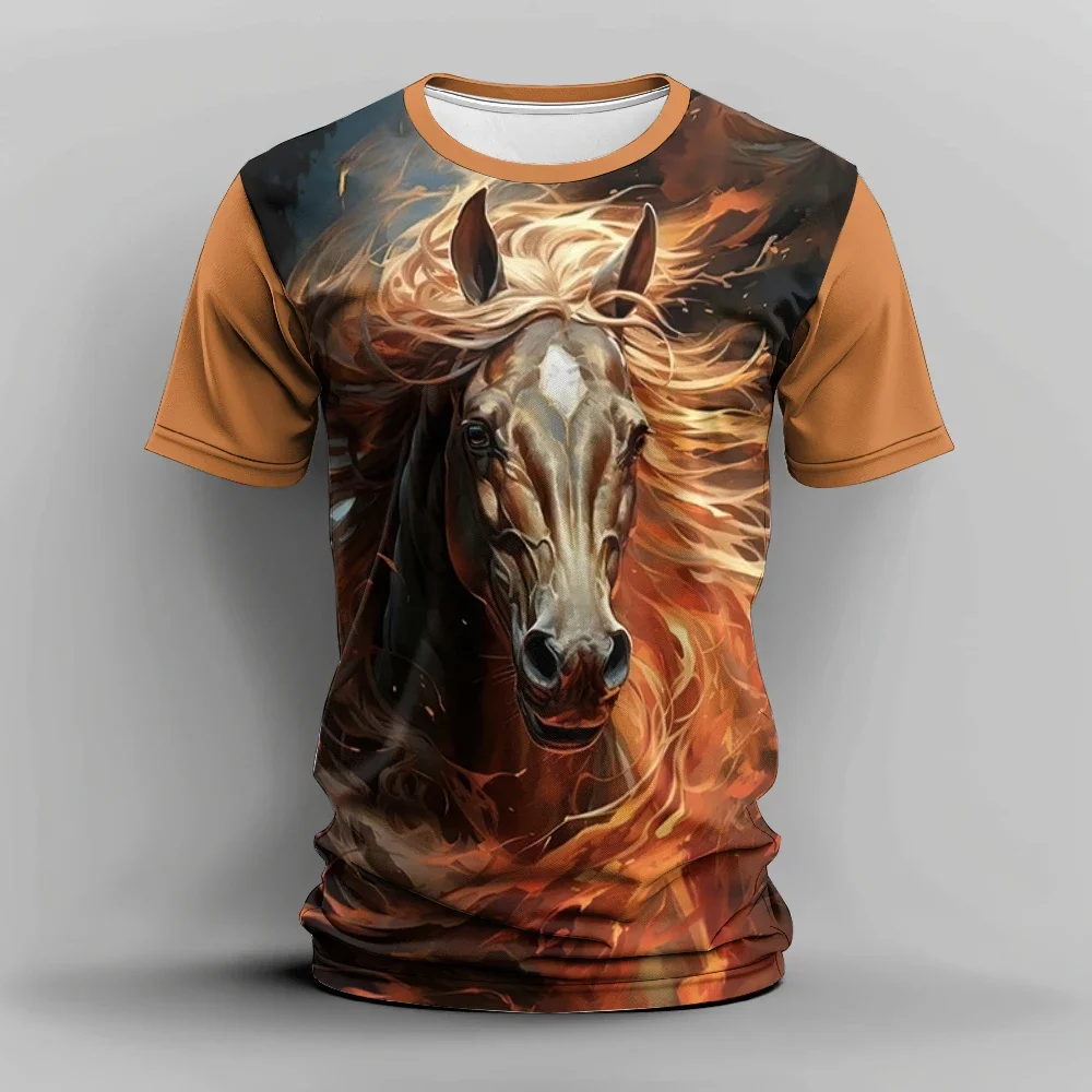 

New Summer Men's 3D Horse Print T-Shirt Casual Crew Neck Short Sleeve Tee Oversized Clothing Animal T-Shirts Fashion