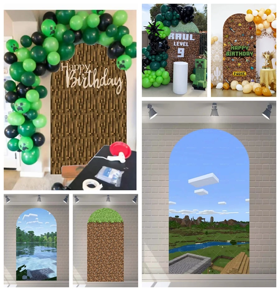 

Mosaic pixel style theme arch background custom grass square texture decoration children's birthday party photography background