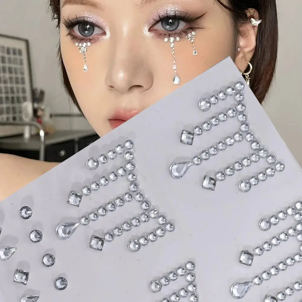 1Pcs 3D Tears Chain Stars Gems Face Tattoos Stickers Self-Adhesive Rhinestones Decals for Women Girl Eye Body Makeup Jewel Decor