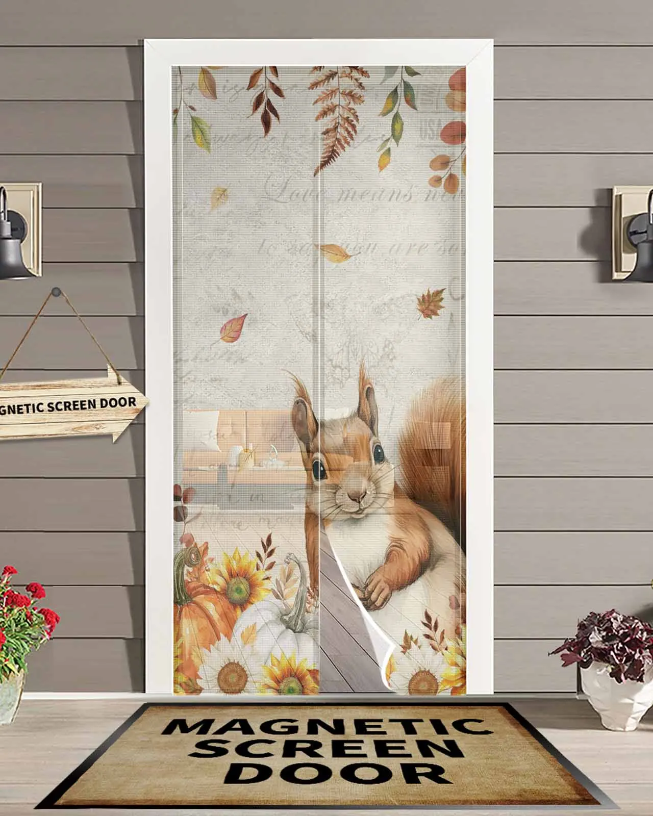 

Thanksgiving Squirrel Sunflower Magnetic Door Curtain Living Room Bedroom Home Anti-mosquito Screen Door Curtain