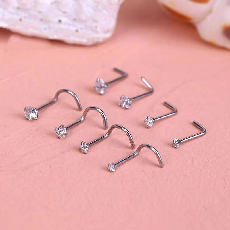 1Piece Surgical Steel Crystal CZ Nose Ring L Shape Nose Studs Square Nostril Nose Piercing Body Jewelry Nariz Lote For Women