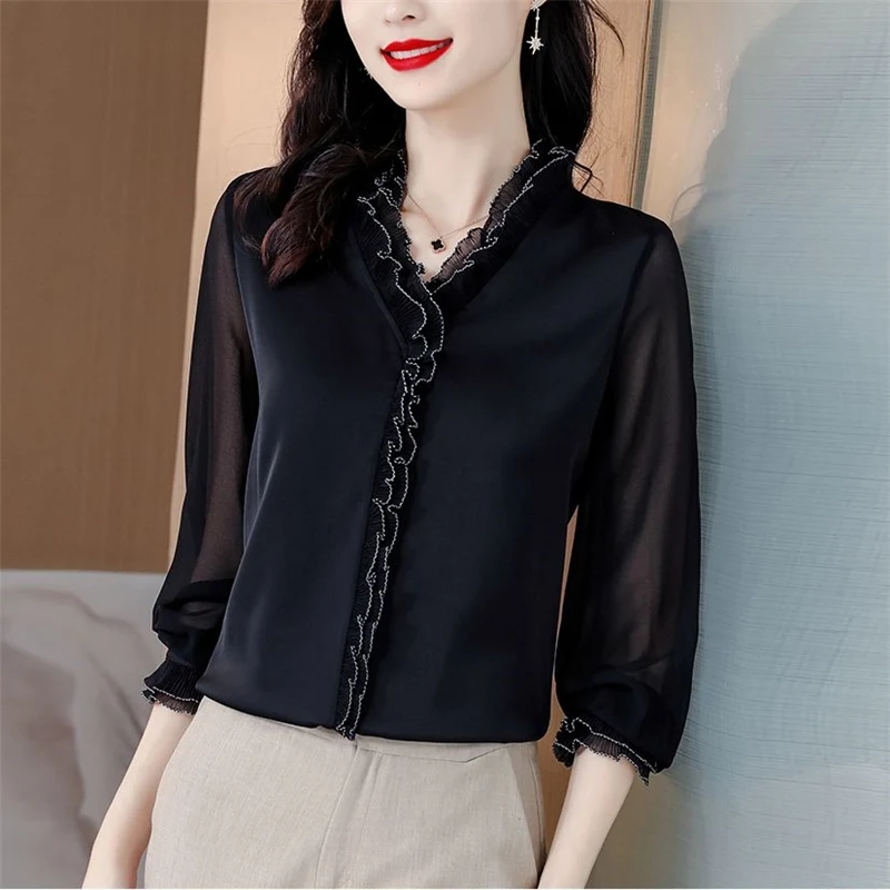 Women Ruffles V Neck Elegant Blouse New Korean Fashion Long Sleeve Business Casual Office Lady Shirt Solid Slim Chic Tops Blusas