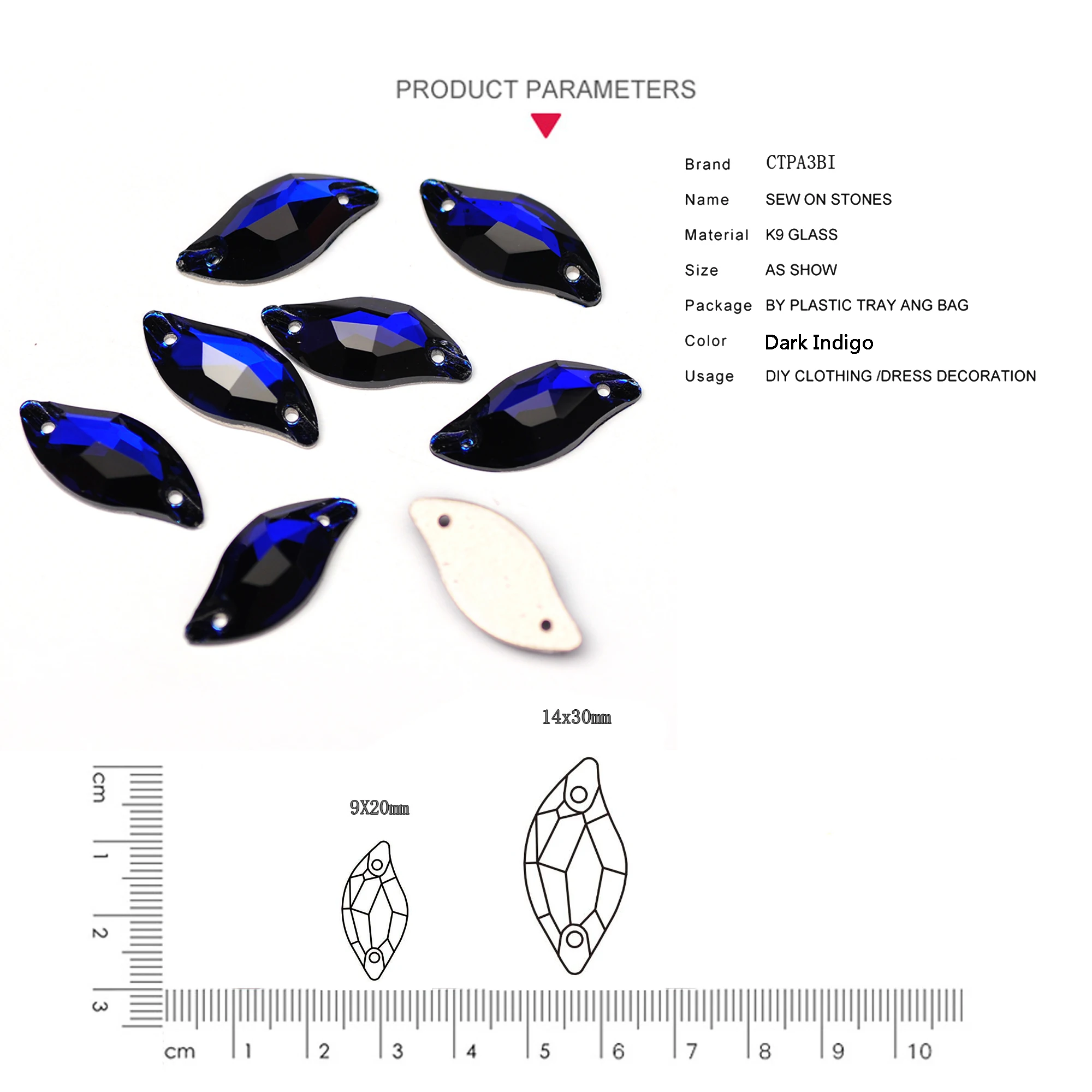 Crystal Glass Sew on Rhinestones 6A Cobalt All Size Leaf Sew on Rhinestone, Sewing Crystal for Wedding Dress Garment