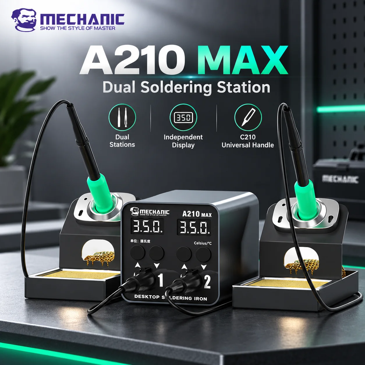 MECHANIC A210 MAX Dual Soldering Station C210 Handle Dual Display 6 Presets for Mobile Phone PCB SMD IC Soldering Rework Repair