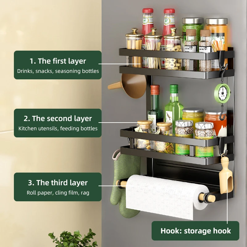 

Magnetic Spice Rack for Refrigerator Magnet Organizer with 4 Hooks for Fridge Wall Mounted Kitchen and Oven Seasoning Shelves