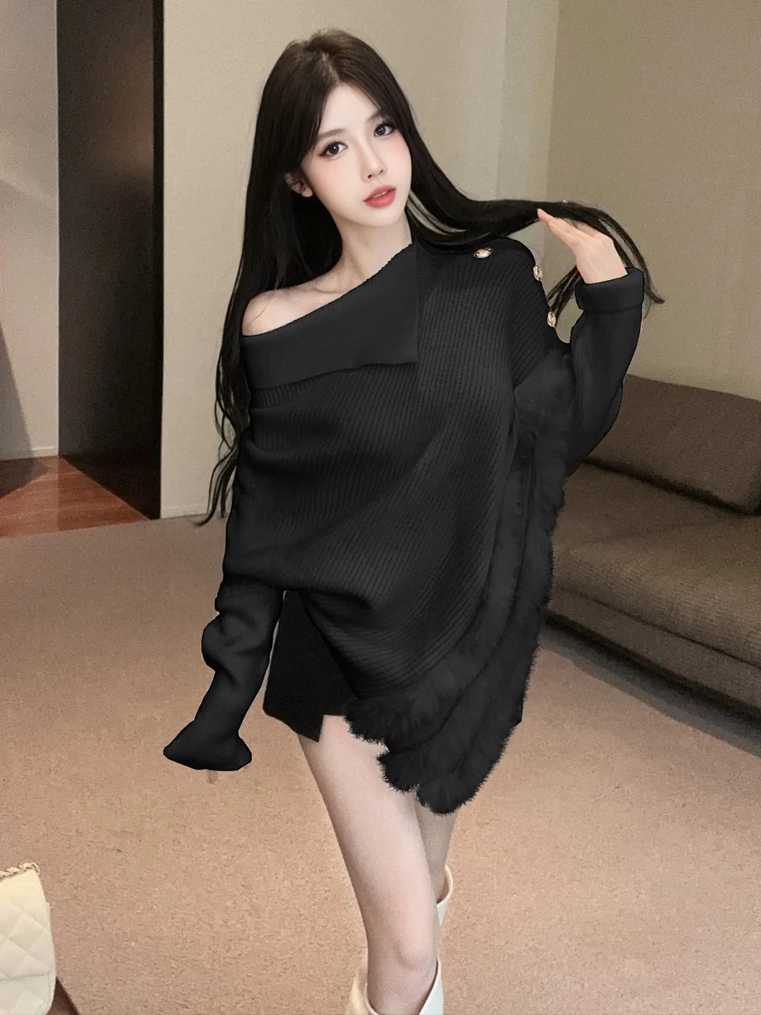 

Retro Lazy Style Soft Knitted Asymmetrical Long Sleeve Sweater Versatile Slimming Cloak Top for Women Comfortable Breathable ...