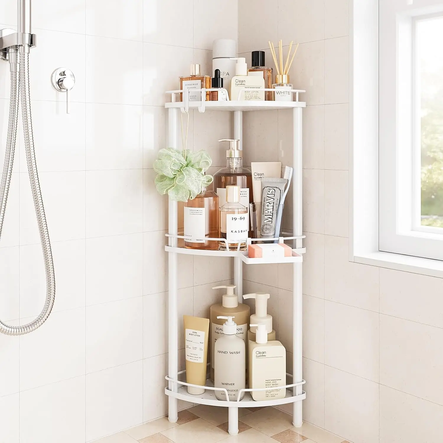 

Corner Shower Caddy Standing, 3 Tier Rustproof Metal Shower Organizer with Soap Holder, Floor Shower Corner Shelf Rack