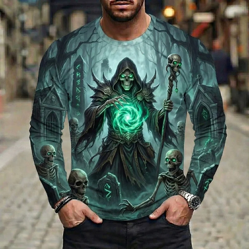 3D-gedrucktes Totenkopf-Magier-T-Shirt für Herren, lustiges, cooles Muster, modische, lässige Rundhals-Tops, lockere Langarm-T-Shirts