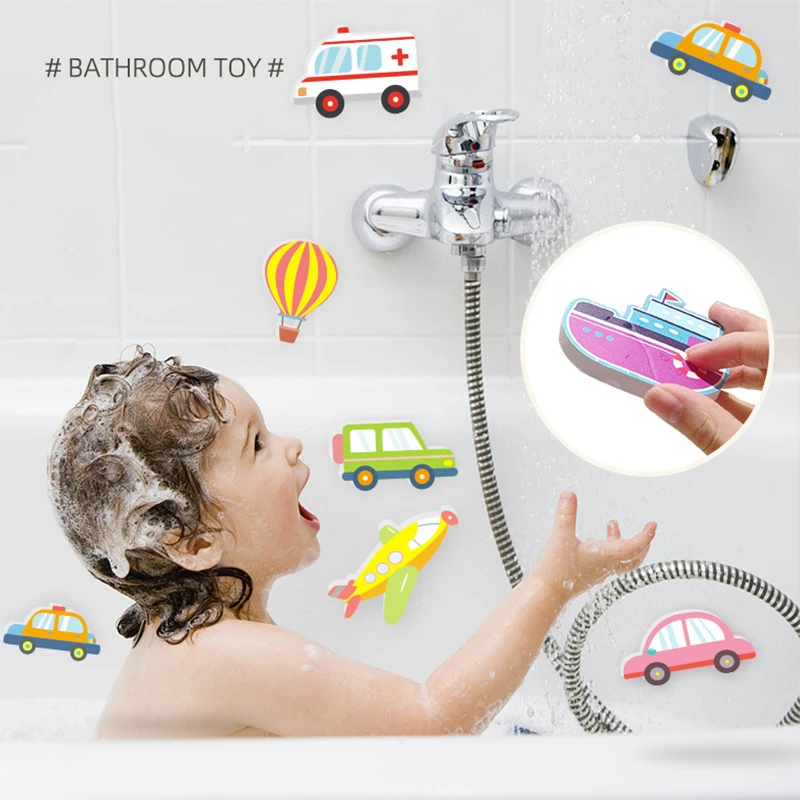 Children Bath Water Play Toy Cartoon Transportation Series Wall Stickers Floating EVA Children Cognitive Bathroom Baby Bath Toys