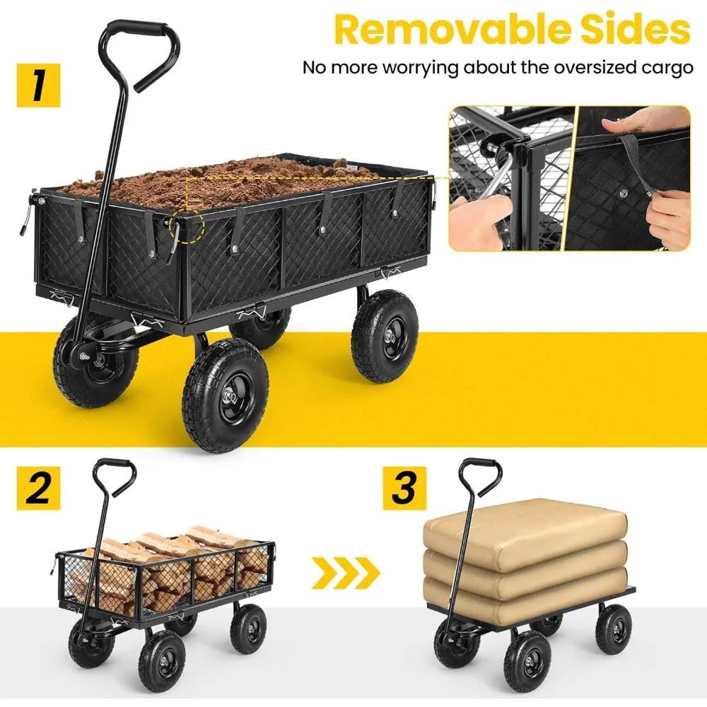 Homdox Steel Garden Cart 880 lbs Capacity Heavy Duty Garden Wagons,with Removable Steel Mesh Sides to Convert into Flatbed,