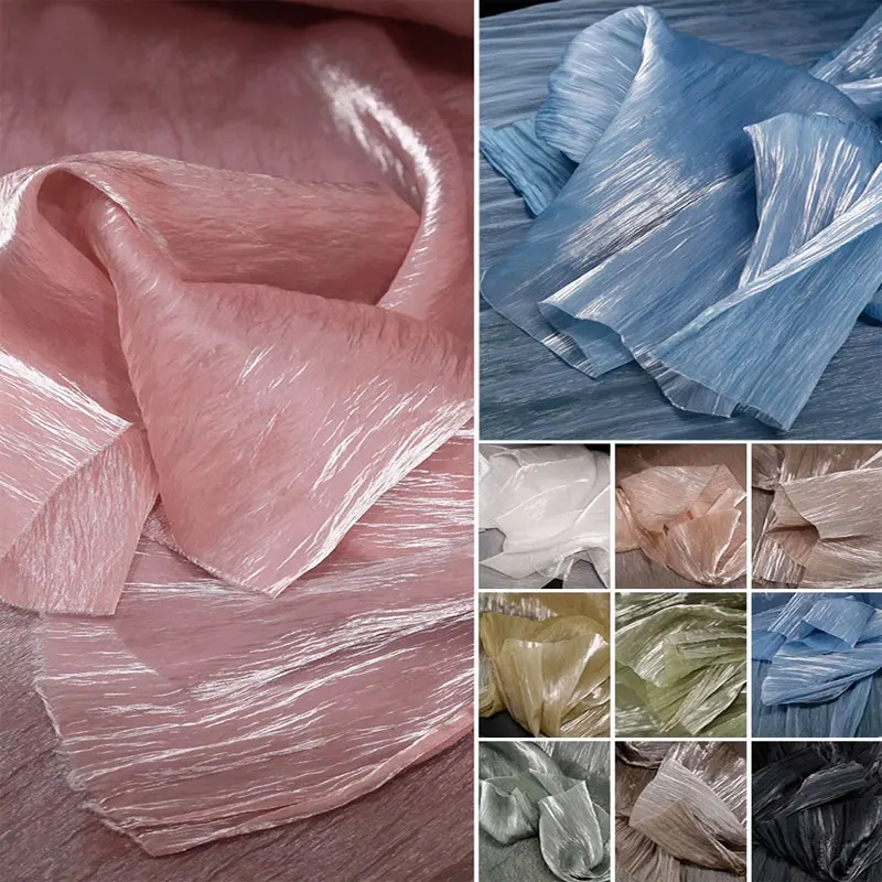 Glitter organza hand-wrinkled fabric texture crystal yarn is wide decorative garment, dress designer fabric