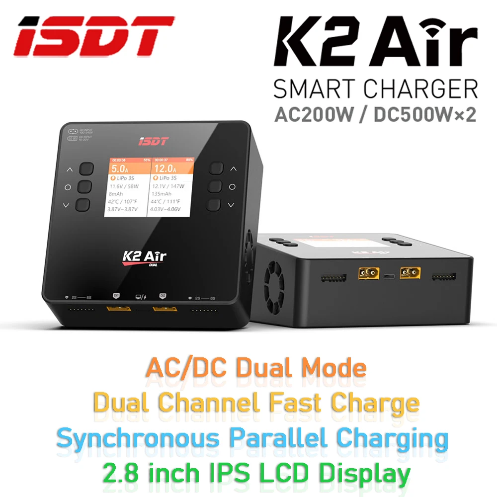 

ISDT K2 Air AC 200 Вт / DC 500 Вт * 2 Двухканальное балансное интеллектуальное зарядное устройство Разрядное устройство 2,8′′ IPS ЖК-дисплей для Lipo Lilon NiMh аккумулятора