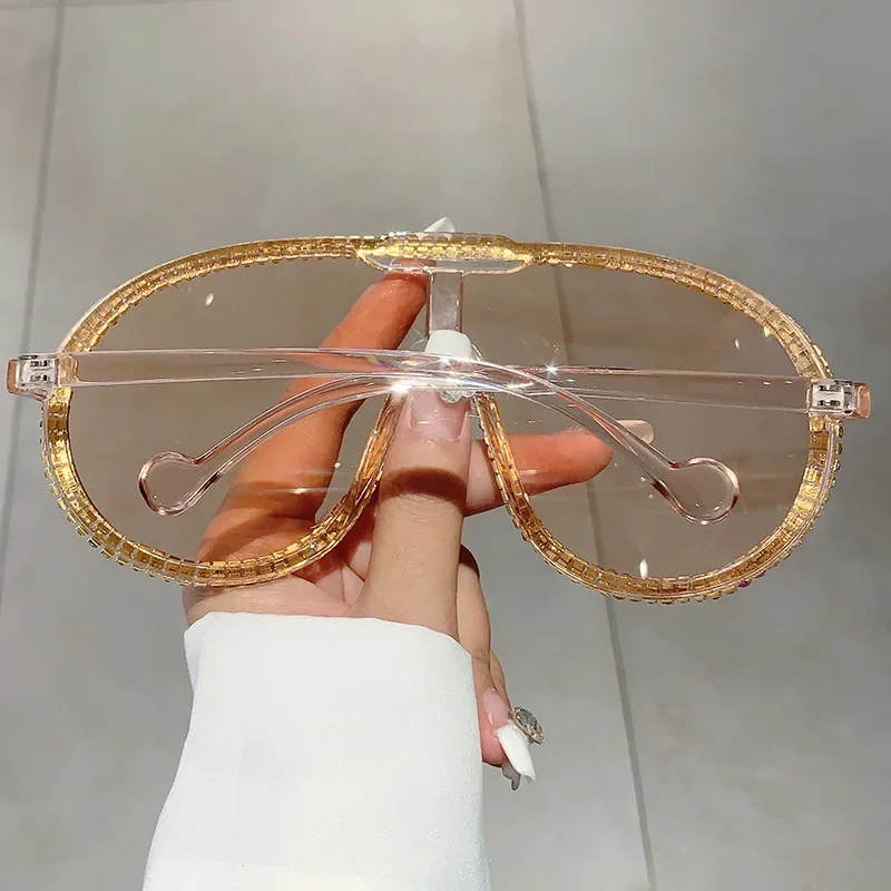 Pilot Sunglasses Women For Female Luxury Brand Designer Oversized Sun Glasses Vintage Big Frame One Piece Diamond Crystal Shades