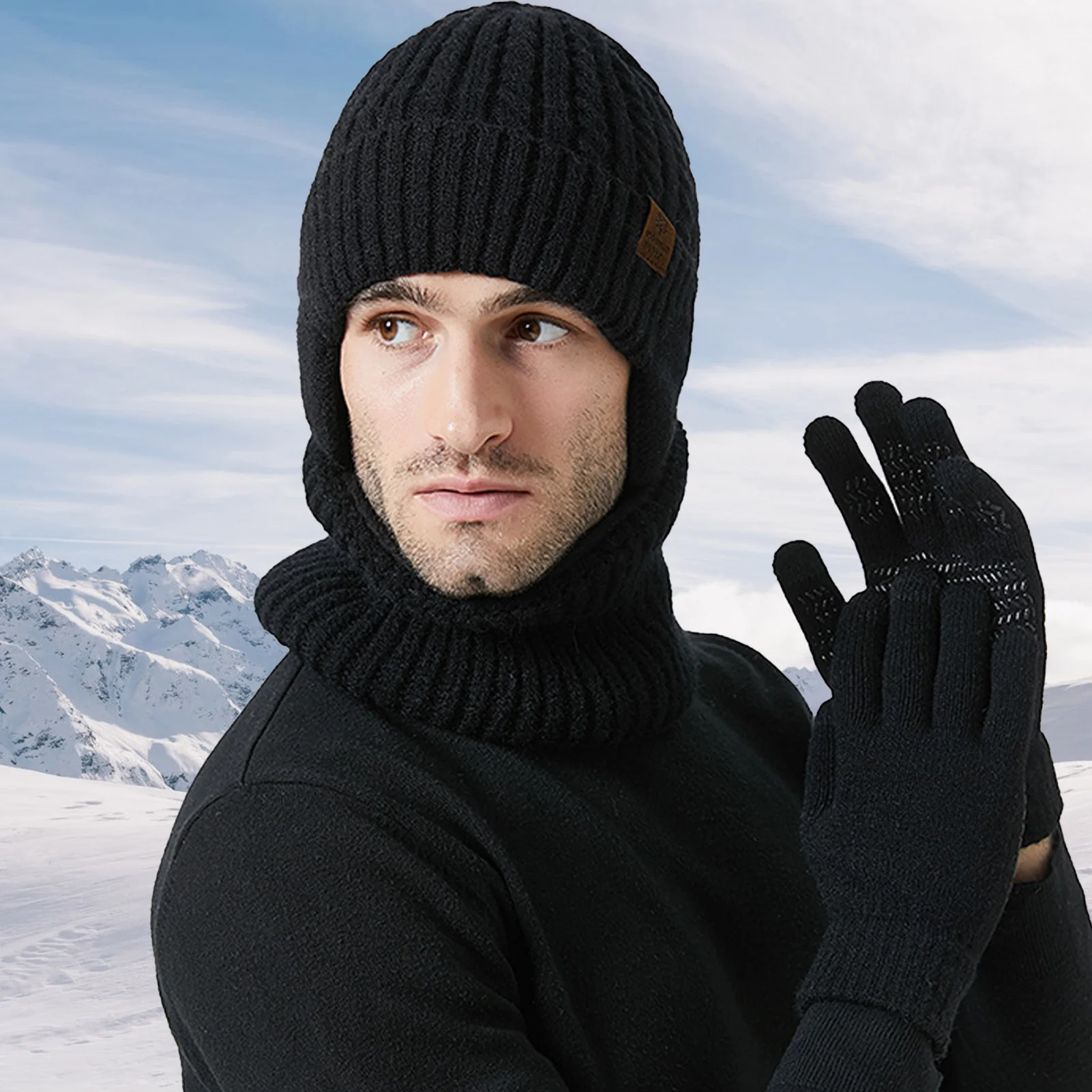 Warm Gebreide Muts En Hals Gebreide Slouchy Muts Met Muts Hals Warmer Scherm-Touch Sms-Handschoenen Voor Sneeuwkoud Weer