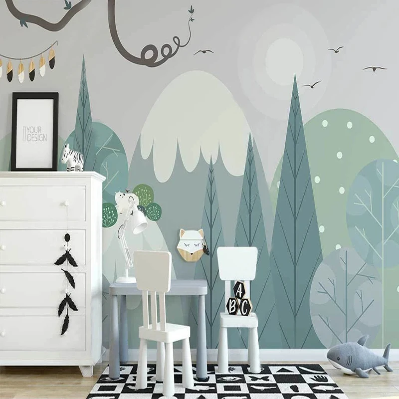 

Custom 3D Wallpaper Nordic Hand-painted Forest Valley Cartoon Bear Photo Wall Mural Children's Bedroom Decor Papel De Parede 3D