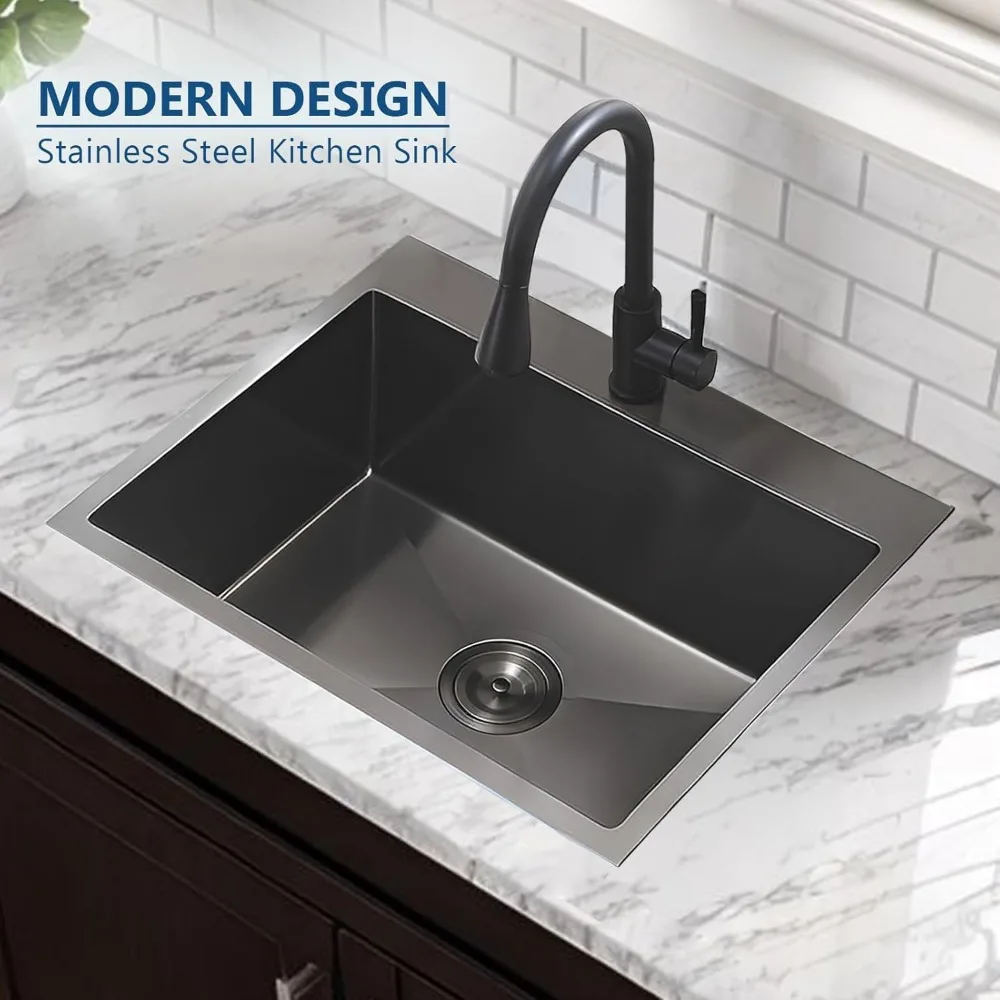 حوض مطبخ أسود مقاس 25 بوصة مع قضيب من الفولاذ المقاوم للصدأ للاستخدام الخارجي في أدوات الغسيل RV #2