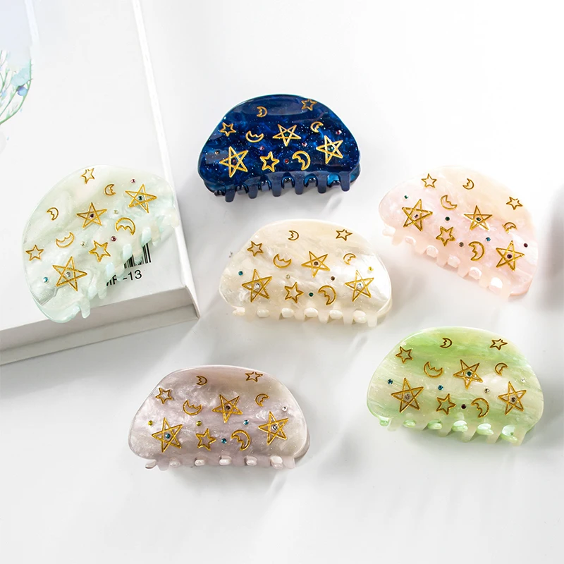 Pinza para el cabello con estrella de cinco puntas Moon con hilo dorado y decoraciones coloridas; nuevo producto de diamante; pinza para el cabello en polvo verde acrílico