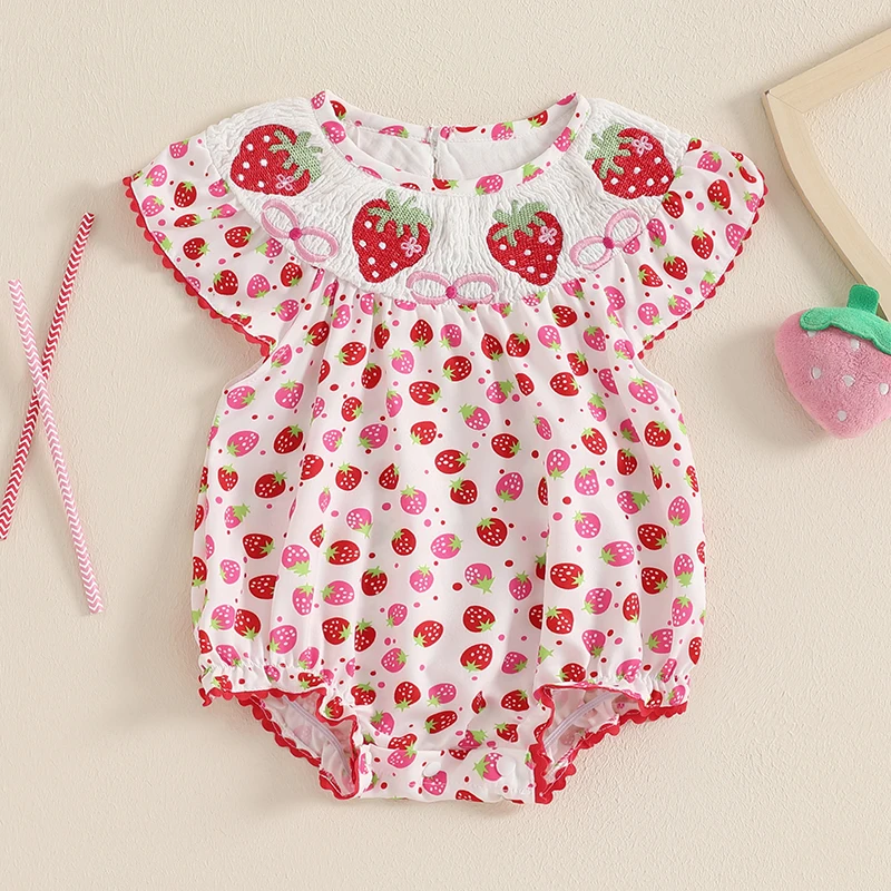 2024-10-05 Lioraitiin Summer Baby Girl Strawberry Clothes Short Sleeve Strawberry Print Smocked Romper Outfit