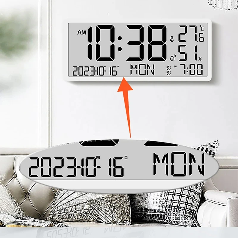 Grande horloge murale numérique à écran LCD, affichage multifonctionnel de l'heure, de la température et de l'humidité, batterie de bureau, 62 horloges électroniques