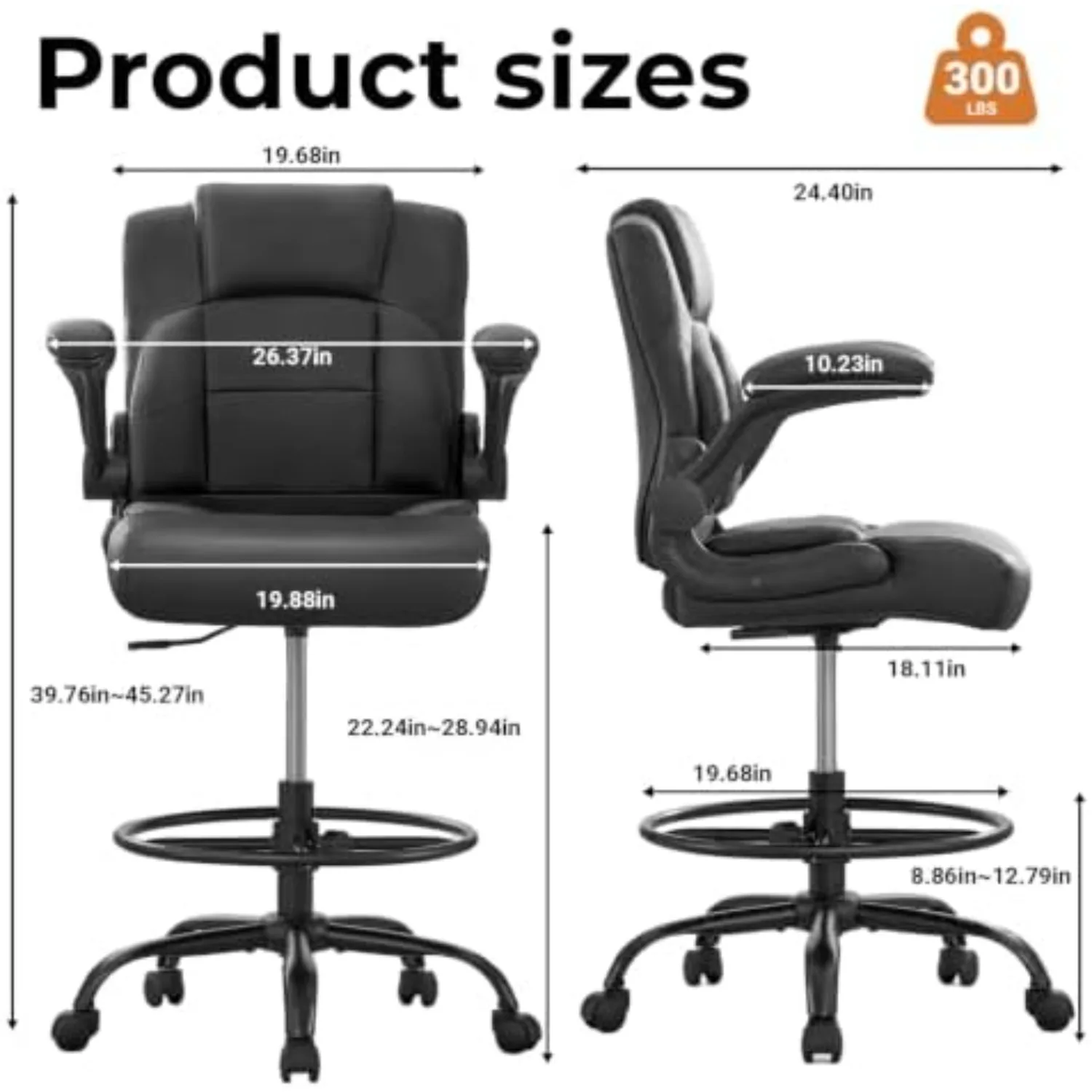 Drafting Chair, Tall Office Chair for Standing Desk, 500 lbs Capacity | 90° Flip Up Arms,Ergonomic Leather Seat