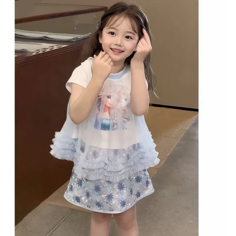 

2026 Elsa Princess Glitter Set, Girls' Printed T-Shirt & Skirt Summer Outfit