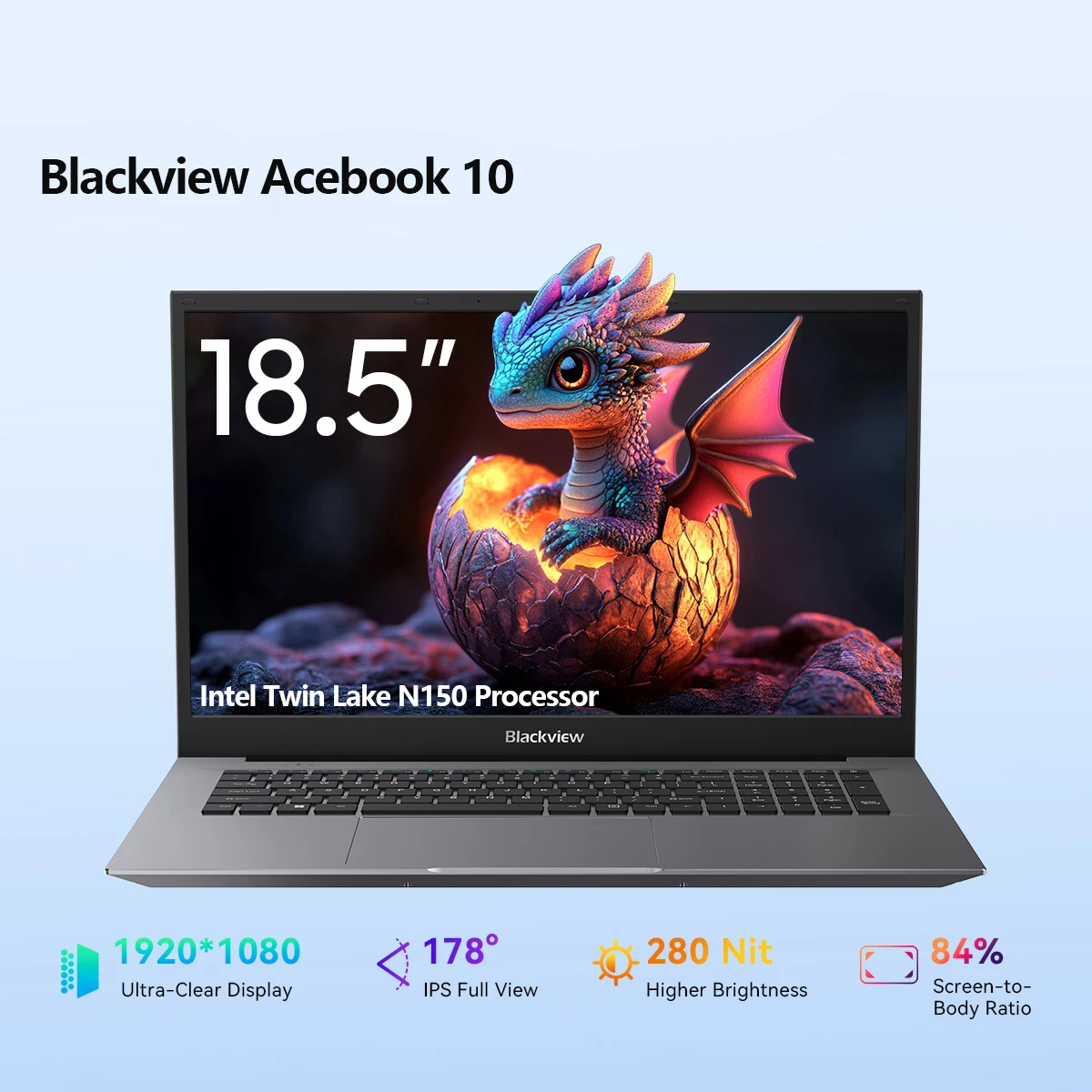 Blackview ordinateur portable Acebook 10 18,5 pouces 16 Go DDR4 512 Go SSD + 2 To TF, processeur 3,6 GHz N150, Win 11 PRO, 60,8 Wh, WiFi 6 et BT 5.2