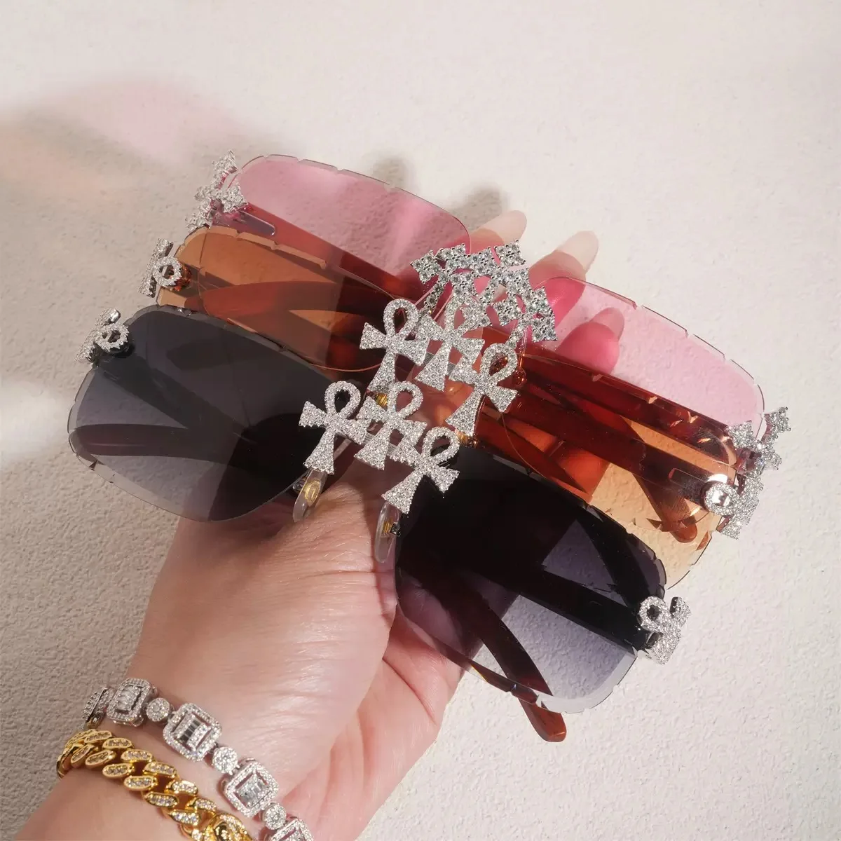 Iced Out D Color Moissanite Ankh Cross Sunglasses 925 Sterling Silver Red Wood Leg Triple Cross Glasses Hiphop Punk Pass Tester