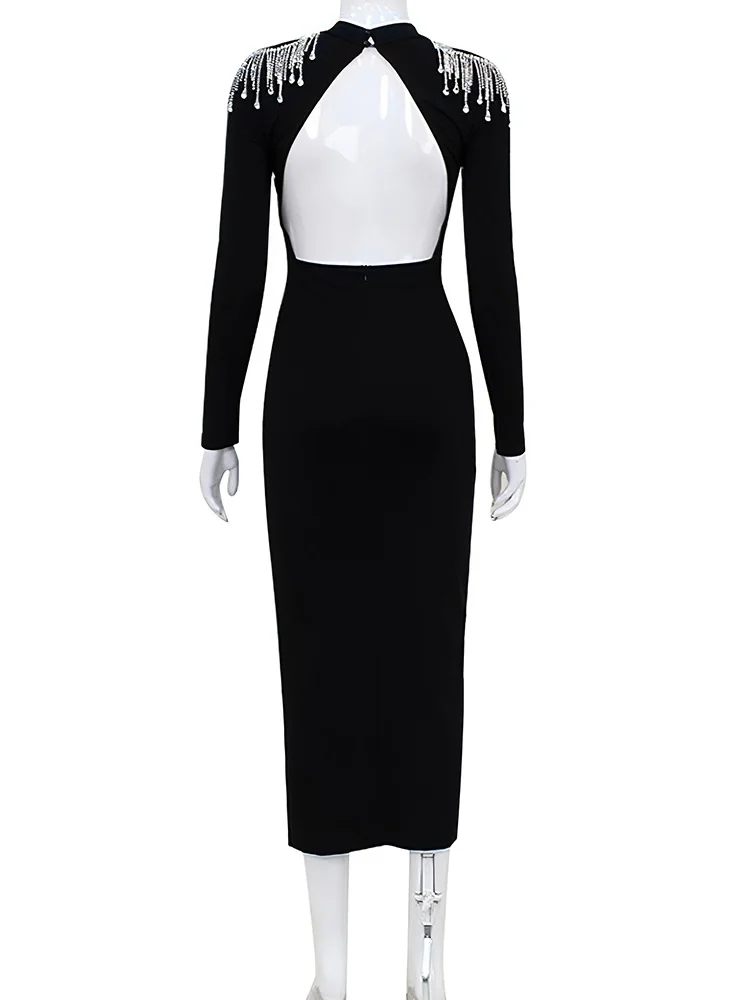 Drauuing-vestido negro de retales con cadena y cuello alto para mujer, vestido de fiesta con abertura y espalda descubierta de manga larga, vestidos lisos ajustados con agujeros