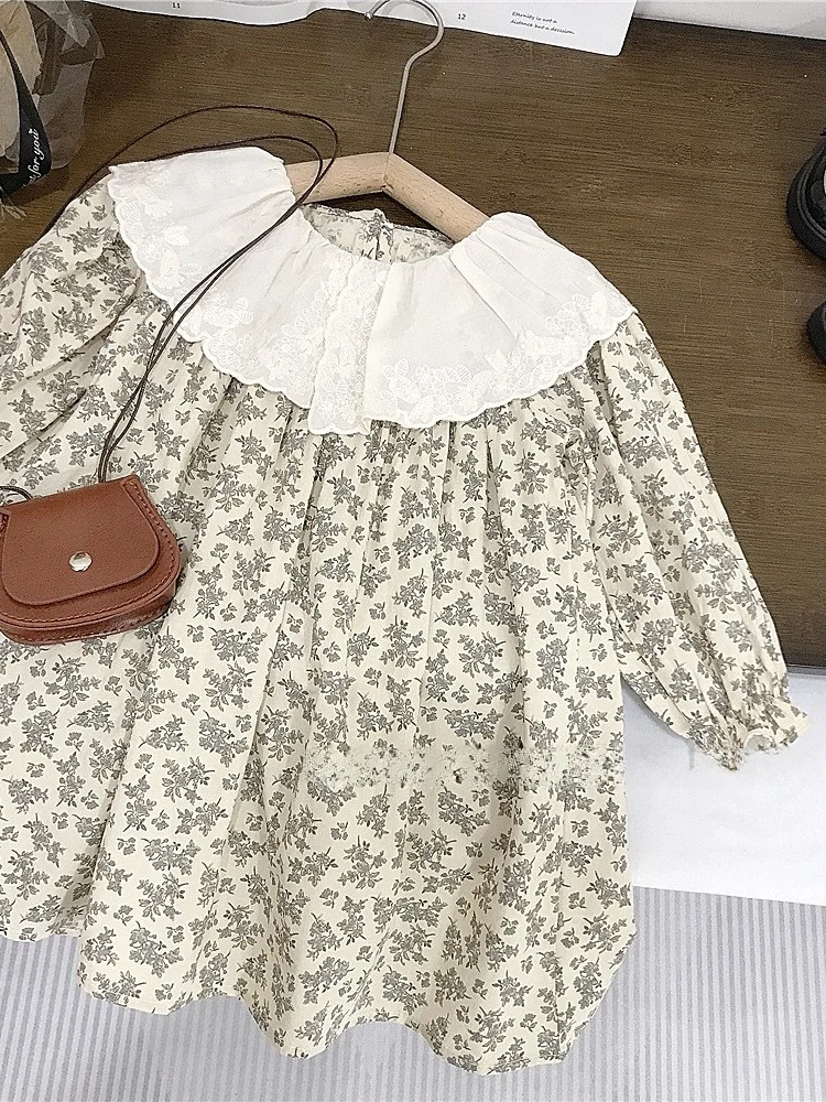 Spring New Style Floral Cotton Dress for Little Girls Baby Dolls with Lace Collar Cute Floral Print Long Skirt for Kids