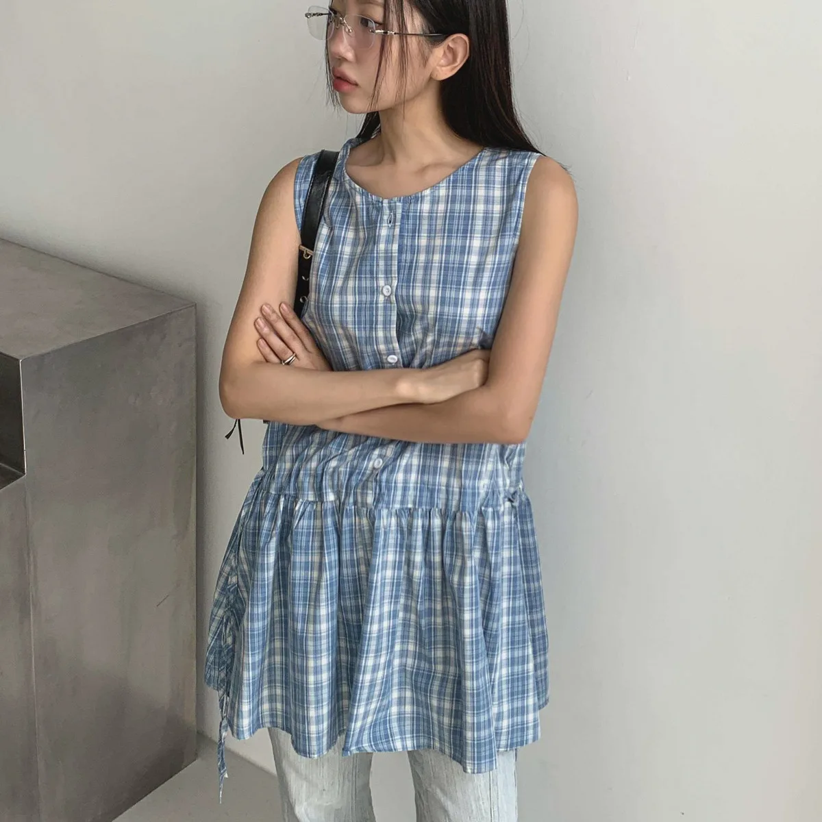 Gilet d'été Dr femme ample Agel rétro Plaid Dstring Svel jupe trapèze confortable respirant décontracté Dr