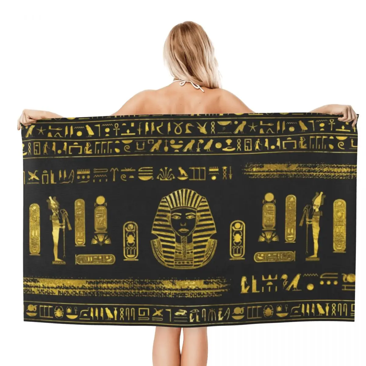 Ancient Egypt Sphinx And Hieroglyphs Beach Towel Personalized Golden Egyptian Soft Linen Microfiber Bath Towels