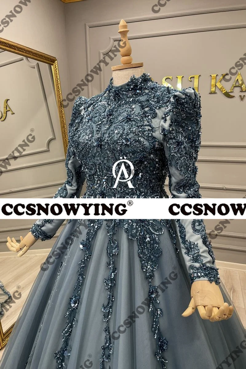 Luxus Tüll Applikationen Perlen muslimischen Hijab Abendkleider Arabisch Dubai Langarm High Neck formelle Party kleid Roben de Soirée